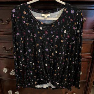 Black Floral Knotted Hem Long Sleeve Top - Size M